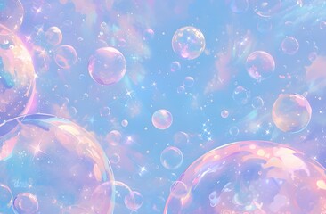 light blue sky background with pastel pink and purple bubbles