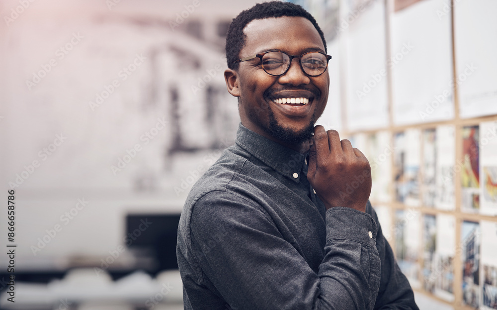 Poster Smile, glasses and portrait of architect in office with information on pinboard at startup. Happy, pride and professional black man with career in architecture working on industrial design project.
