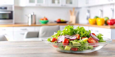 Fresh Salad in Glass Bowl on Wooden Table in Kitchen. A close-up shot of a fresh, colorful salad in a glass bowl, sitting on a wooden table in a kitchen setting.