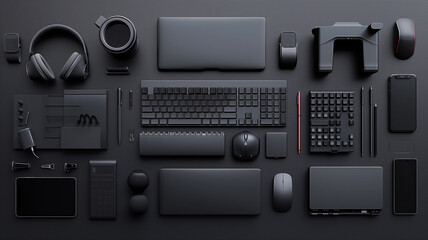 Fototapeta premium A diverse collection of black technological gadgets and accessories arranged neatly, showcasing a modern, monochromatic theme..