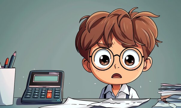 Confused accountant cartoon beside calculator