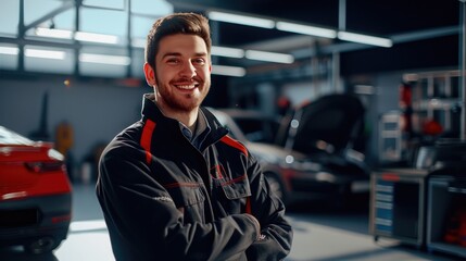 Fototapeta premium Skilled Craftsman at Luxury Auto Repair Shop, Smiling, Expertise