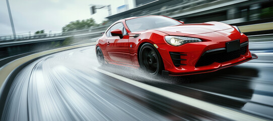 Fototapeta premium Fast Moving Red Sports Car on Highway, Front View