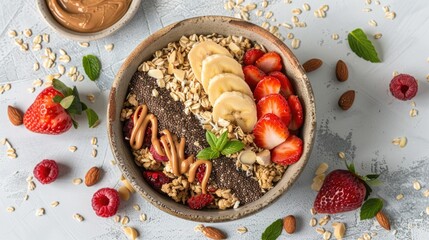 Fototapeta premium Healthy granola bowl with hemp seeds maca powder peanut butter and berries on white surface