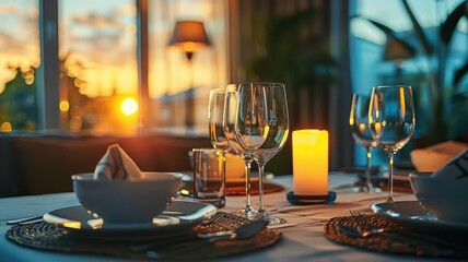 A chic dining room with a stylish table setting, elegant decor, and ambient lighting