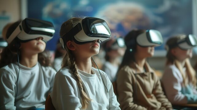 A futuristic classroom where students use VR headsets to explore virtual worlds and interactive educational content