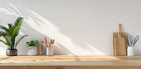 light wooden kitchen counter with a blank space for mockups