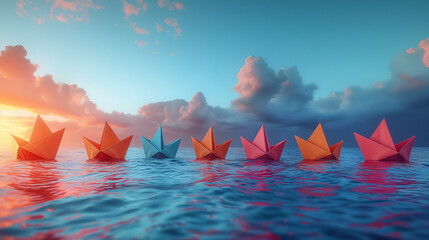 Paper boats on water. Paper ships of different colors on water background