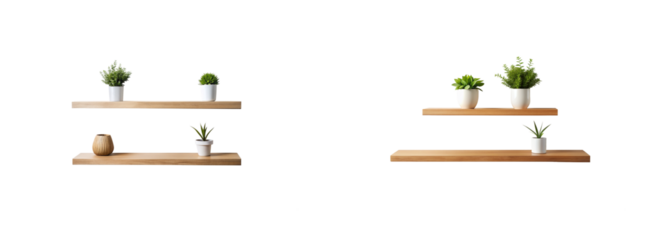 Two wooden shelves with various potted plants, add a touch of nature to the room decor on a transparent background.