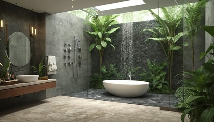 Fototapeta premium Create a Serene Retreat with This Natural Stone and Wood Shower