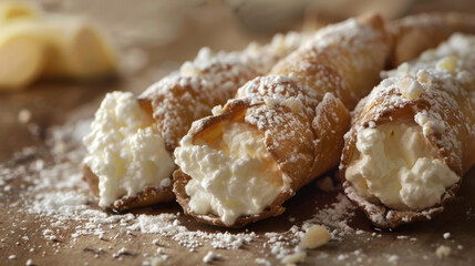  Traditional Italian Cannoli with Ricotta Filling and Powdered Sugar.