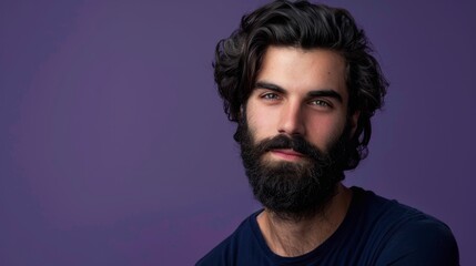 Fototapeta premium middle aged man with beard smiling at the camera on purple background in high resolution and high quality