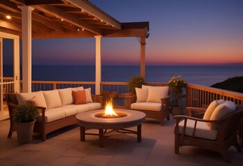 Fototapeta premium Warm outdoor patio in a modern classy villa by the sea at evening, warm light, candles, outdoor lights, sunset