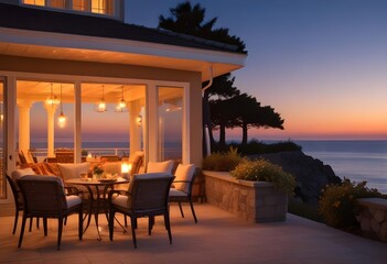 Warm outdoor patio in a modern classy villa by the sea at evening, warm light, candles, outdoor lights, sunset