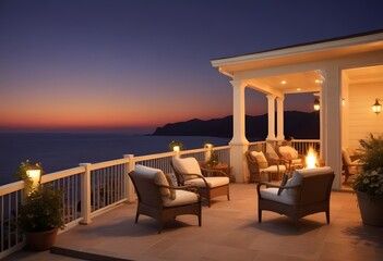 Fototapeta premium Warm outdoor patio in a modern classy villa by the sea at evening, warm light, candles, outdoor lights, sunset