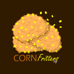 National Corn Fritters Day event food banner. Delicious corn fritters on dark brown background to celebrate on July 16th