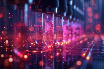Fototapeta premium A row of advanced test tubes containing glowing particles arranged inside a futuristic laboratory, symbolizing modern advancements in science, research, and technology.