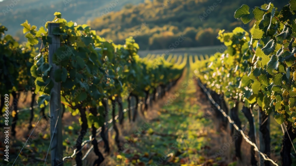 Poster A long row of grapevines with lush green leaves, illuminated by the warm glow of the setting sun, creating a picturesque scene