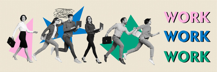 Composite trend artwork 3D sketch image photo collage of human resources competition candidate man lady work laptop call talk crowd run
