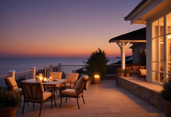 Fototapeta premium Warm outdoor patio in a modern classy villa by the sea at evening, warm light, candles, outdoor lights, sunset