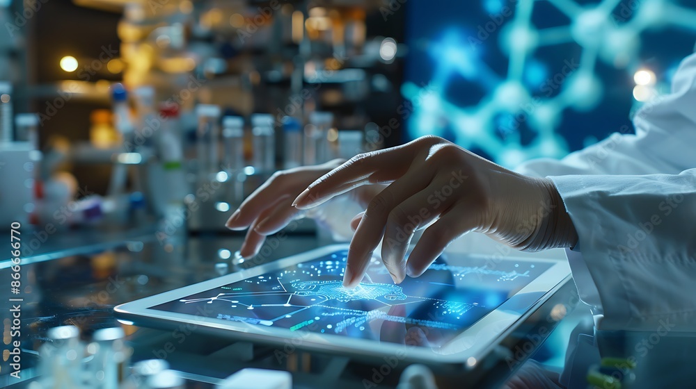 Poster Scientist Analyzing Data on a Tablet in a Laboratory