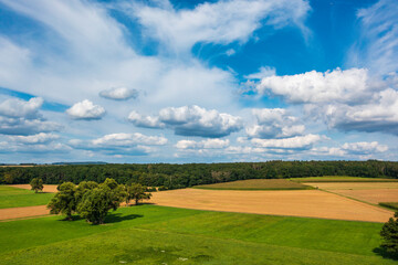 Bird's eye view of a summer landscape with fields and meadows in the Taunus