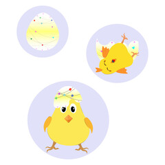 New Born baby Chicks and cracked egg shell isolated on white background, yellow baby chicks and ester themed, chicken evolution, kids cartoon concept design, cute chicks cartoon character