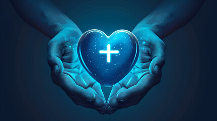 A stylized representation of hands holding a heart with a cross inside. The heart is predominantly blue, and the hands are depicted in a dark shade, possibly navy blue