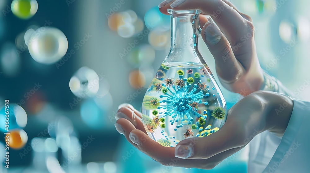 Poster a scientist holds a flask filled with blue and green viral particles