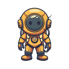 Obraz premium Cute cartoon astronaut in a yellow spacesuit standing on a white background, perfect for sci-fi and space-themed projects.