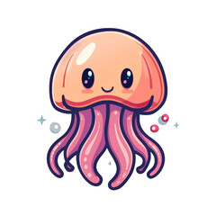 Cute cartoon illustration of a smiling pink jellyfish with big eyes and a simple background, perfect for kid-friendly designs.