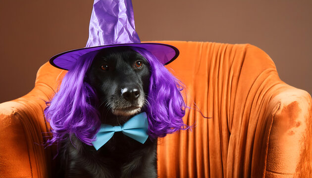  hund, mit, lila, Per&uuml;cke, sitzend, auf, orange, farbenem, sofa, samtig, mit, hexenhut, neon, halloween, copy space, konzept, party, einladung, violett, schwarzer, tier, neu, modern, minimal, stil