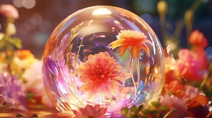 Colorful blossoming flowers with gentle petals and pleasant aroma inside a crystal sphere.