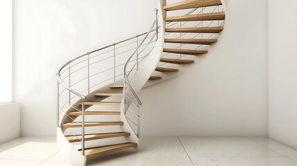 Compact spiral staircase with wooden steps and sleek metal railings, perfect for a small, urban loft with a modern industrial vibe.