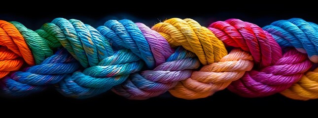 Closeup of colorful knottedting ropes, Strong diverse network rope team concept integrate braid color background cooperation empower power.	