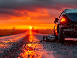 A car sits damaged on an empty road at sunset, reflecting the vivid colors of the sky, creating a dramatic and serene scene.