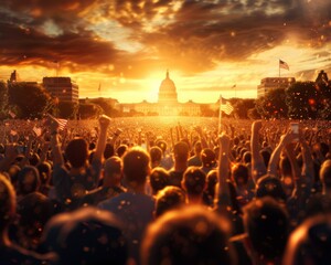 A passionate crowd gathers at sunset in front of the Capitol building, unified in a momentous event, flags waving in the warm glow.