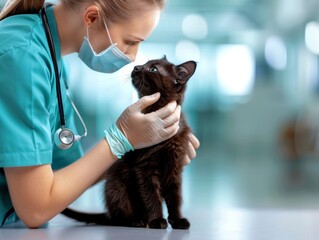 A veterinarian in a mask and gloves lovingly examines a black kitten, representing pet care and animal health in a clinic.