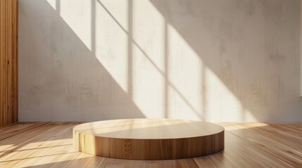 Wooden Platform With Sunlight Streaming Through Window in Minimalist Interior