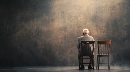 Elderly man sitting alone in a dimly lit room, representing loneliness and solitude with an empty chair beside him.