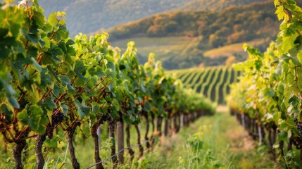 Fototapeta premium A picturesque vineyard with rows of vibrant green grapevines, showcasing the beauty of a sunny day in the countryside