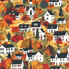 Colorful autumn scene with houses and trees in a new england village