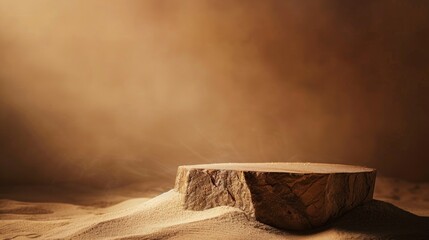 Wooden Platform in a Sandy Desert Under a Golden Sky