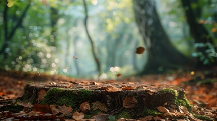Obraz premium A Mossy Tree Stump in a Sun-Dappled Forest During Autumn