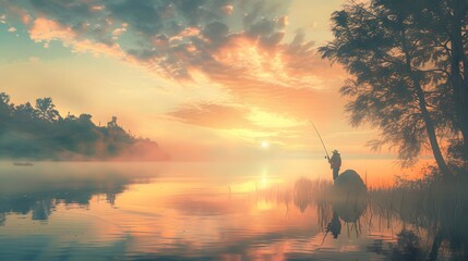 A fisherman casting a line into a serene lake or river, surrounded by the tranquil beauty of nature, anticipating the thrill of the catch and the satisfaction of a successful angling adventure