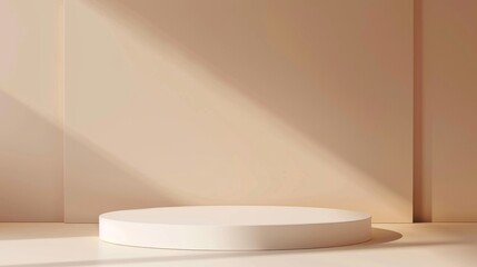 White Round Platform Against Light Beige Wall With Sunbeam