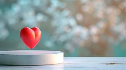Red Heart Shape Floating Above White Platform on Wooden Surface