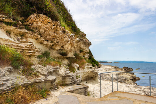 The rocks of Limnos Cape on the shore of the Bulgarian Black Sea under the city garden at Tsarevo, Tsarevo Municipality, Province of Burgas
