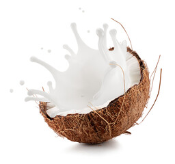 coconut with milk splash on a white background. Clipping path