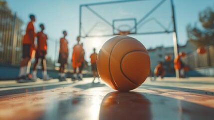 Naklejka premium A basketball sits on the court, players blurred in the background. The golden hour light creates a warm glow on the scene